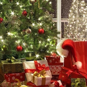 May include: A festive Christmas tree adorned with red, green, and silver baubles and fairy lights. Beneath the tree are wrapped presents with red, gold, and green ribbons, a Santa hat, and a red shopping bag.