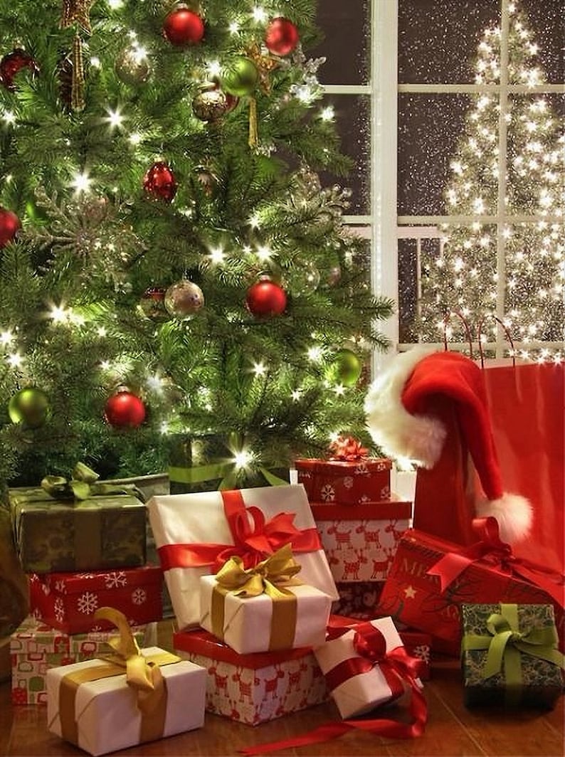 May include: A festive Christmas tree adorned with red, green, and silver baubles and fairy lights. Beneath the tree are wrapped presents with red, gold, and green ribbons, a Santa hat, and a red shopping bag.