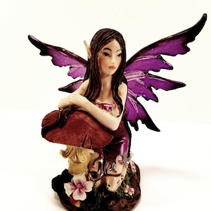 Purple Fairy Pixie Resting by a Mushroom / Purple Winged Fantasy Figurine