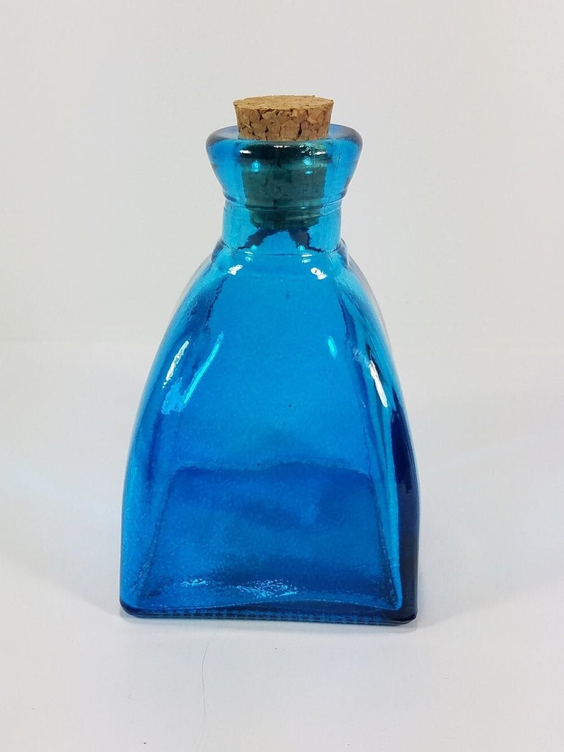 Blue / Teal Colored Glass Square Bud Vase H 4.25 in Vintage Style Apothecary Jar image 1