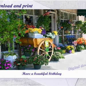 Druckbare Geburtstagsgrußkarte, Blumenwagen, Blumenladen, Digital, Sofort Download, Blumen, Hellocard, Fotografie, Wandkunst, Dekor