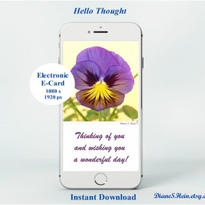 Tarjeta electrónica, descarga instantánea, imágenes prediseñadas, electrónica, Hola pensamiento, texto, pansy púrpura, tarjeta de felicitación, descarga digital