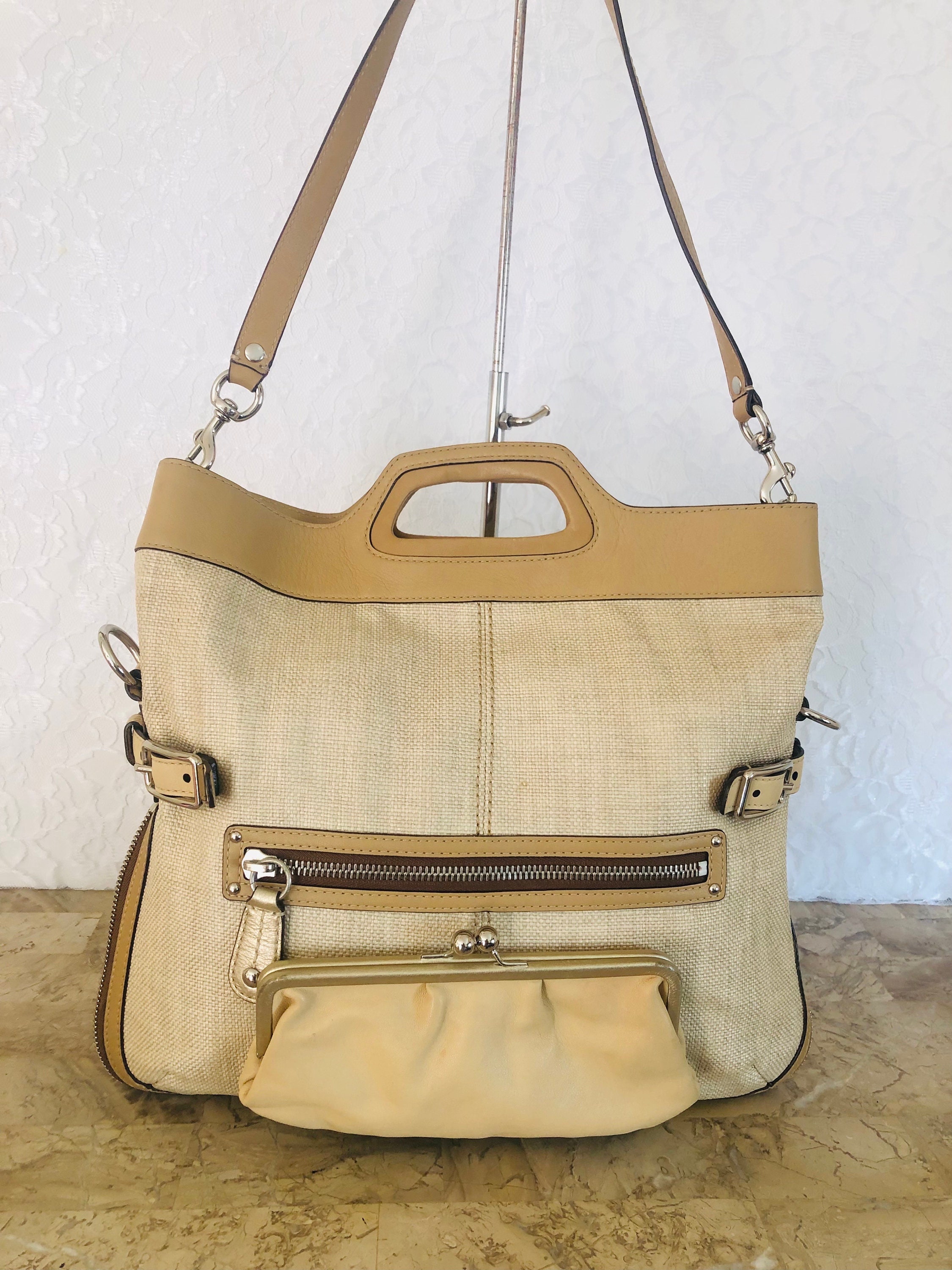 Coach Lime Green Straw and Leather Small Tote Bag Coach