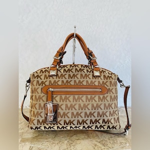 MICHAEL KORS MK logo brown canvas domed sarchek shoulder bag crossbody