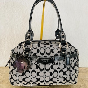 Bolso de hombro COACH Penélope vintage de lona/piel jacquard negra y gris F14695