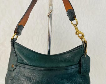 Vtg COACH dark teal small leather mini baguette bag purse 9604
