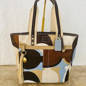 VINTAGE COACH #10113 Hampton Tote Bag Scarf Print Tan Blue Brown