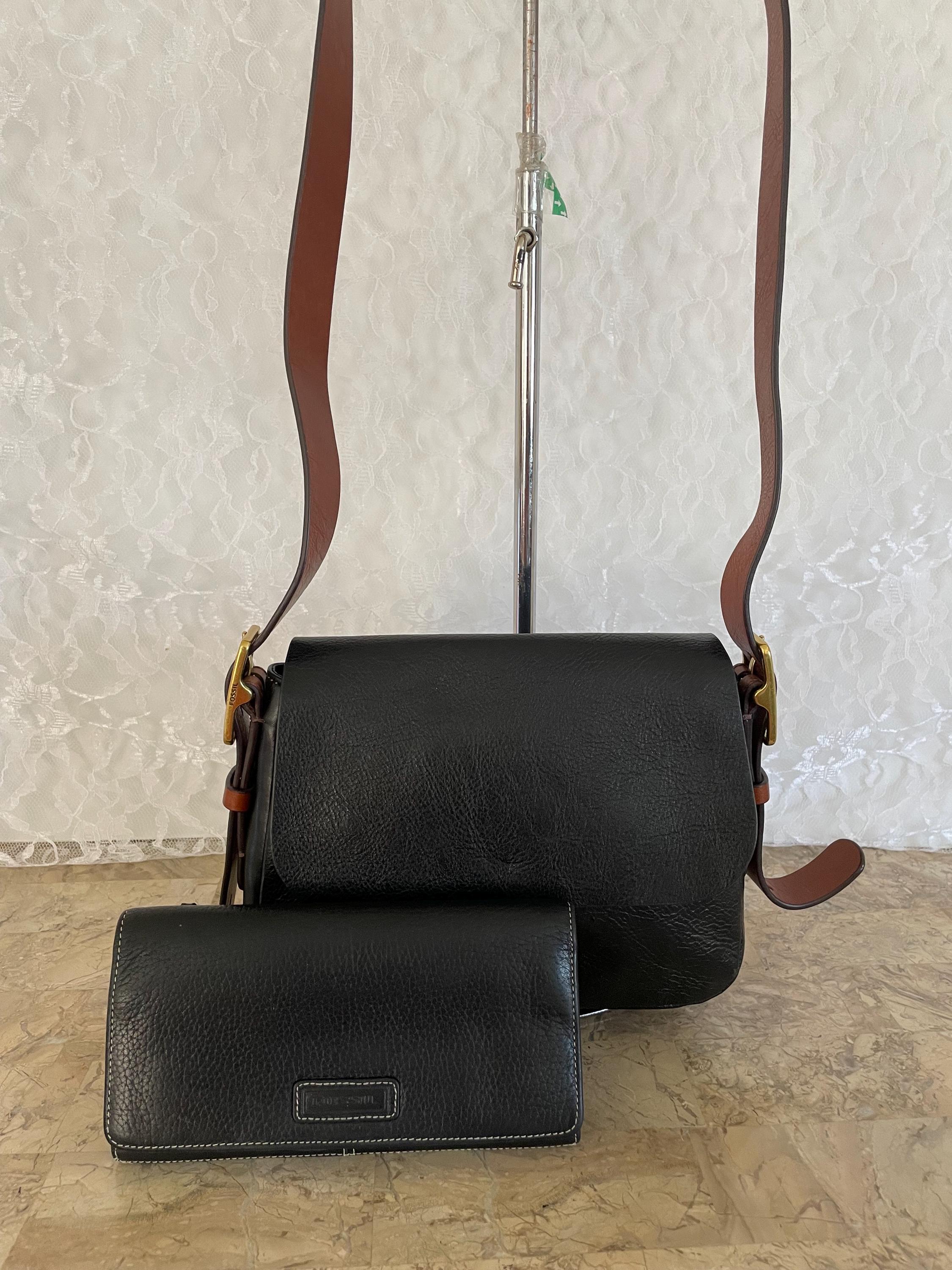 Bundle 2 Vintage Fossil Black Leather Shoulder Bag Crossbody and Wallet