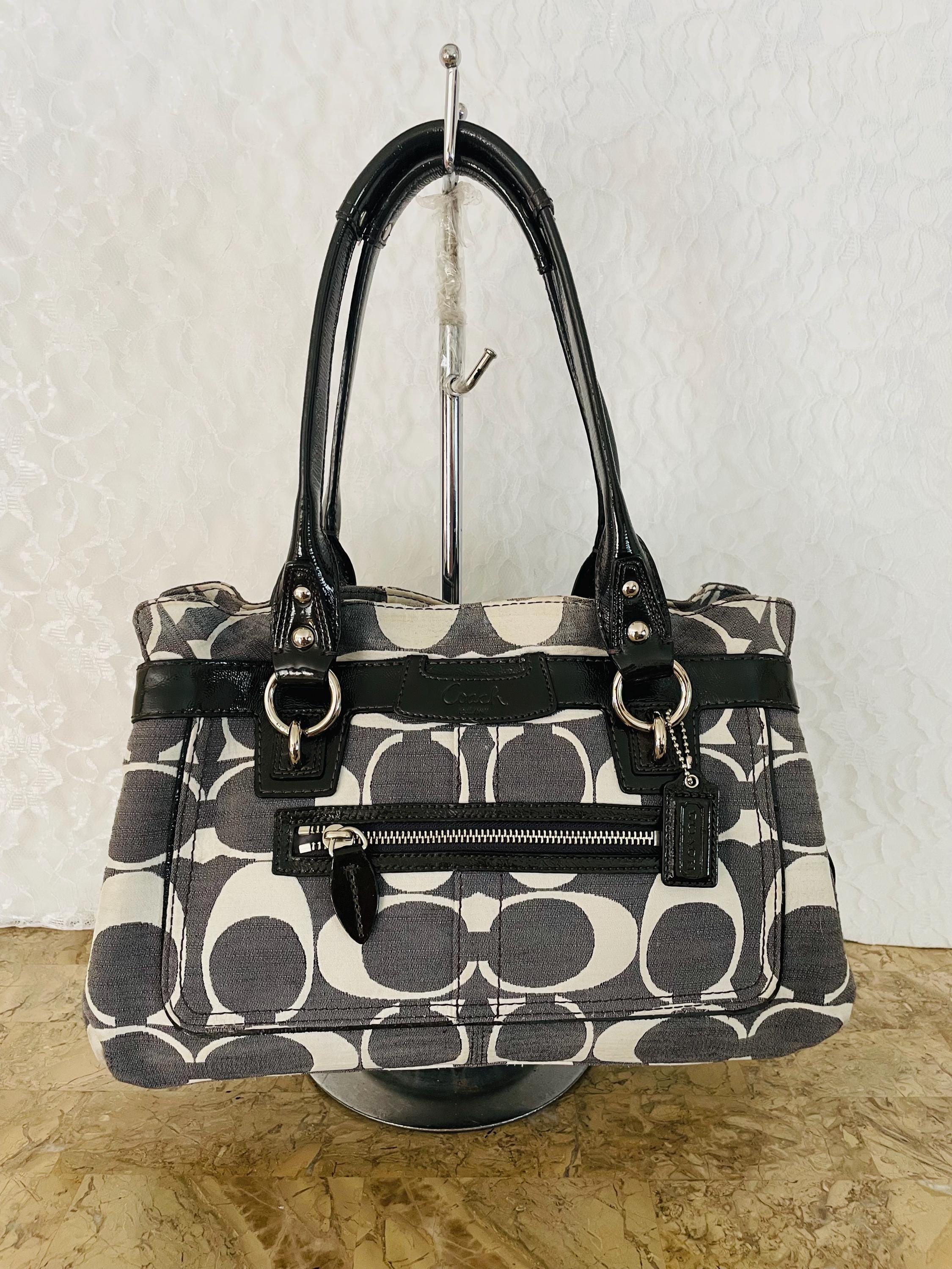 Coach penelope signature gray/white linen fabric Leather Satchel BAG PURSE 13290