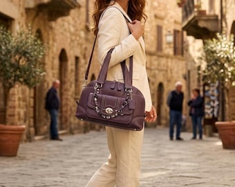 Coach Hampton/Hamilto  plum Leather domed pebble SHoulder Bag / satchel F13968