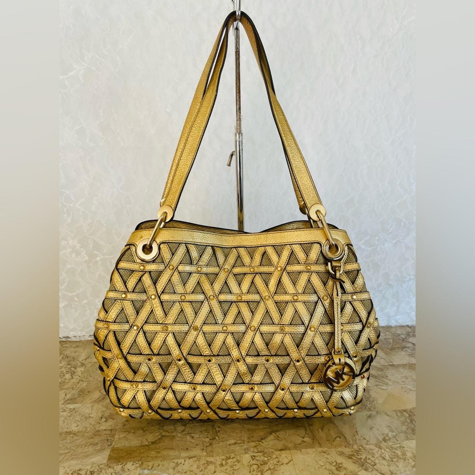 MICHAEL KORS Gold Net Detail Leather Tweed Shoulder Bag - Etsy