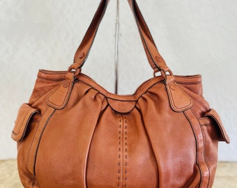 Cole Haan Large pleated saddle brown pebble leather shoulder bag / tote