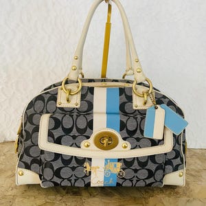 Coach Heritage domed striped coated canvas black /white satchel shoulder bag 13198
