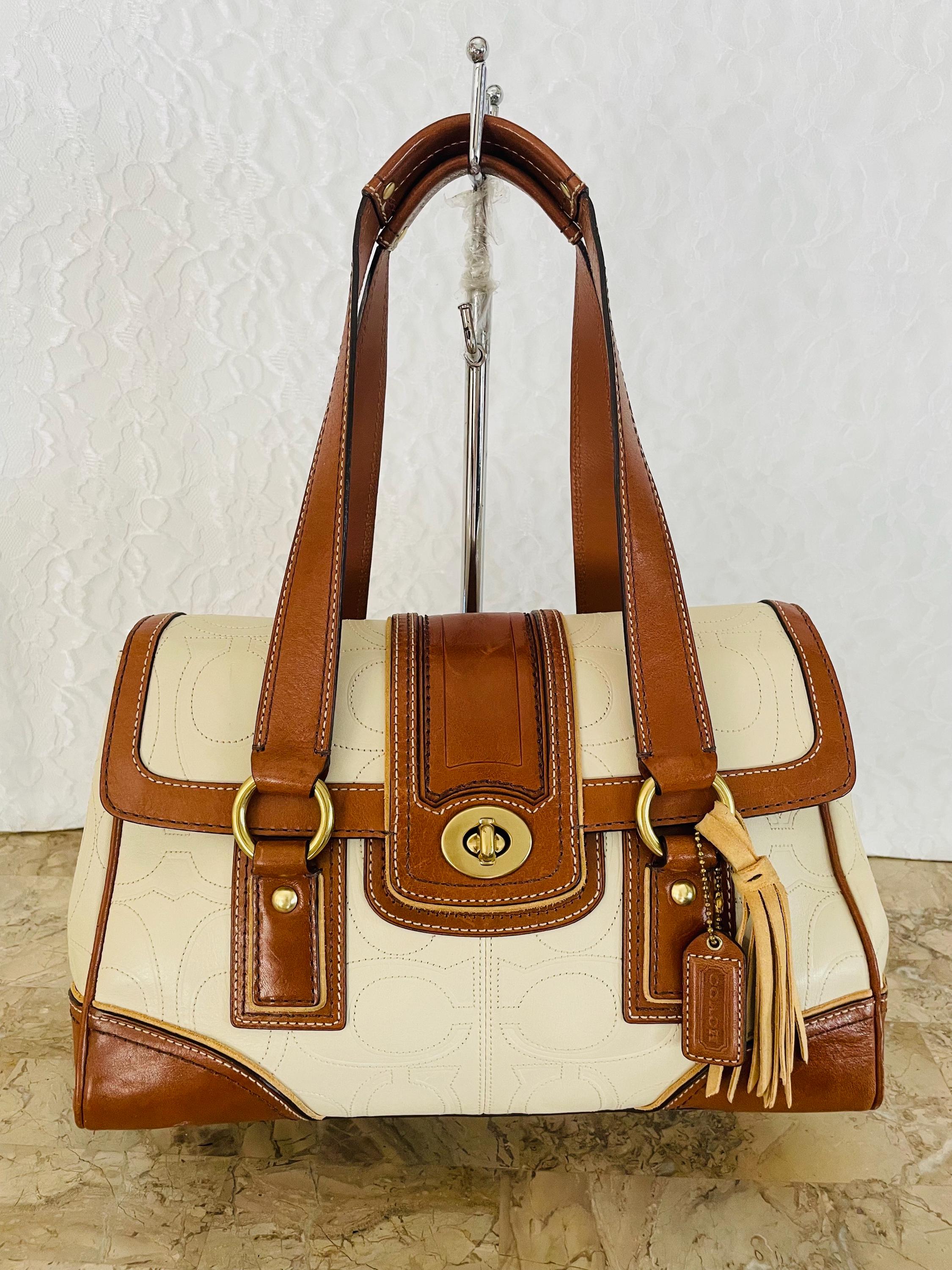【極美品】COACH ホワイトブラウン ハンドバッグ Coach Ivory Brown Stitch Signature Multicolored Carryall Shoulder