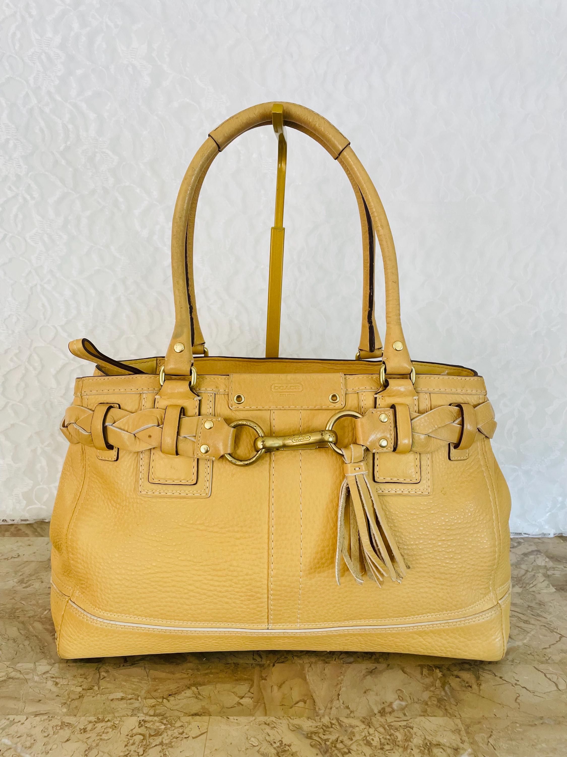 XL Coach Hamptons Pale Yellow Pebbled Leather Satchel Shoulder Bag 