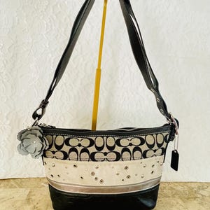 Bolso de hombro COach vintage de lona/piel con patchwork a rayas en negro, gris y plata, multicolor, F13078