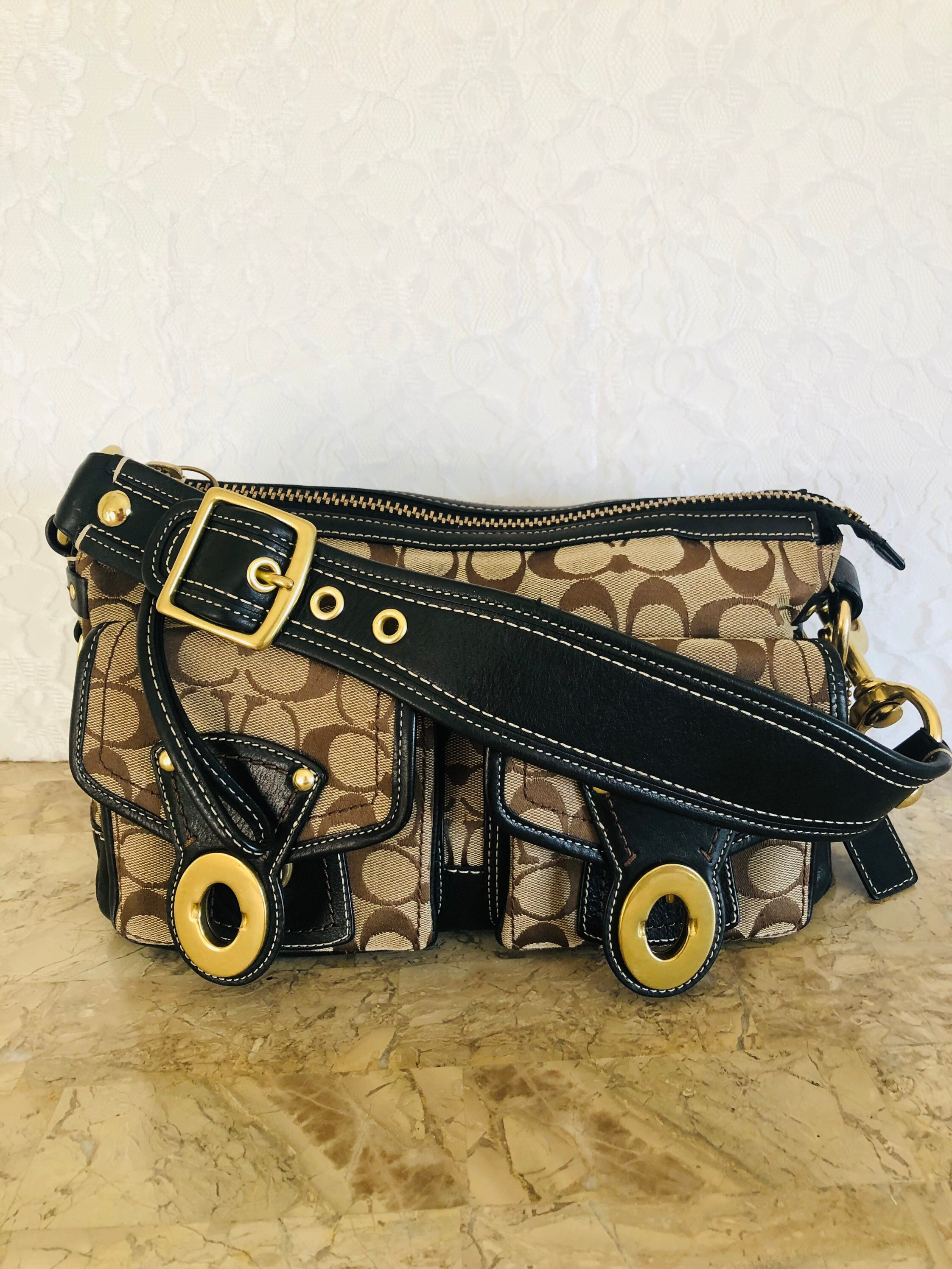 COACH 65 Anniversary Canvas/brown Black Shoulder Bag, Satchel