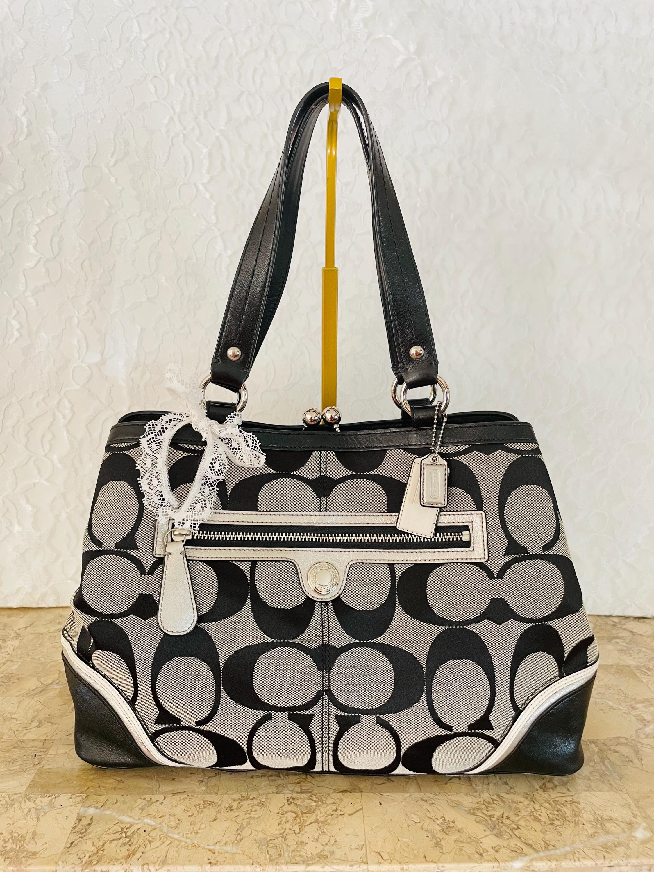 Vtg Coach Black Kisslock Hampton Canvas Leather Shoulder Bags Tote