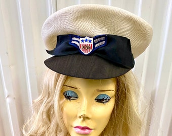 Vintage Eric Jarvitz White Straw Summer Sailor Woman&#39;s Officers Navy Hat