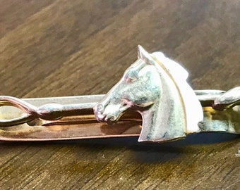 Swank Vintage 1950s Roman Gladiator Horse Tie Bar Clip Silvertone Brown