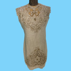 Vintage Tan Linen Dress W/ Cut Out Floral Chest Detail Med -Large