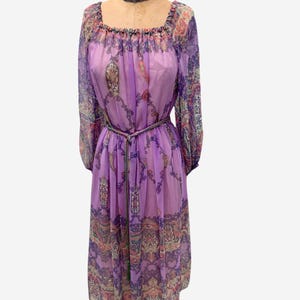 Vintage 70s Pretty Boho Lavender Paisley Pattern Peasant Dress Med