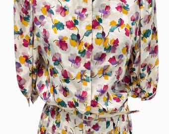 Vintage Adrianna Papell zijden veelkleurige bloemenjurk maat 12