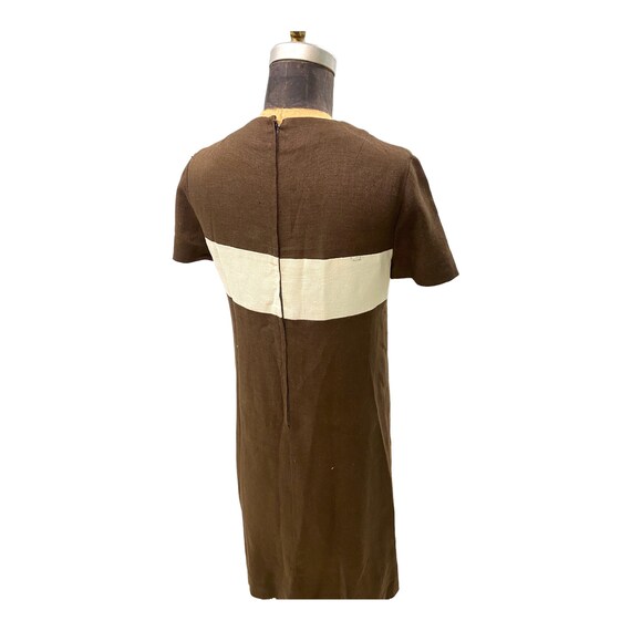 1970s Brown Linen With White Stripe Dress Med - image 8