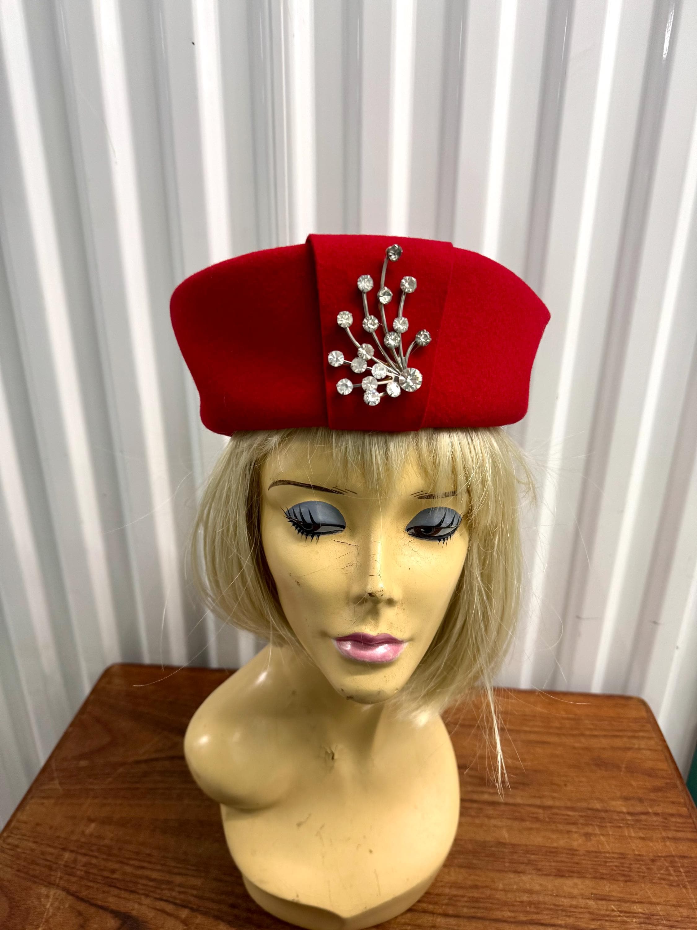 Vintage Importina Red Wool Felt Hat W/ Paste Brooch Still 