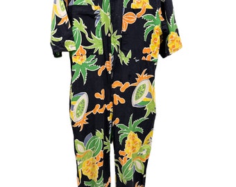 1980s Vintage Bright Floral Cotton Short Sleeve Overalls Jumpsuit Med.