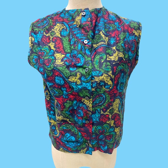 Vintage 1970s Sleevless Blouse Top - Batik Stain G