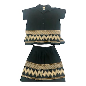 Vintage Rodier Cotton Black Bronze Tribal Pattern Shirt & Shorts Set Med.
