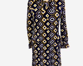 Vintage 1960s Royal Blue W/ Gold White Pattern Velveteen Maxi Coat - Small