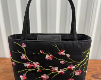 Rafe New York Black Floral Raw Silk Top Handle Bag