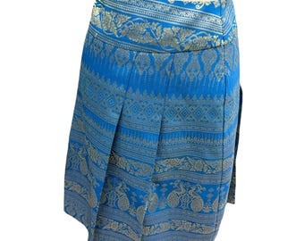 Vintage Asian Style Aqua Blue & Gold Silk Skirt 28-30" Waist