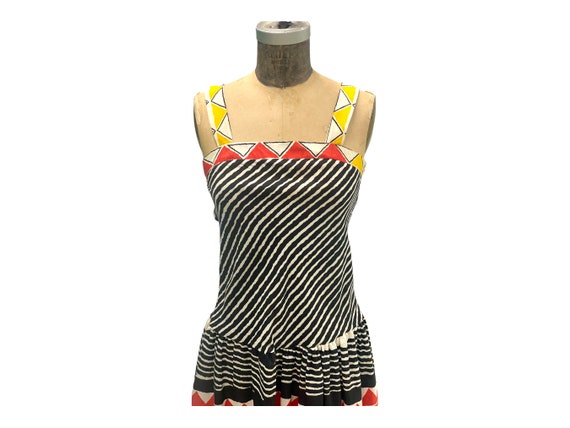 Vintage 70s Striped Abstract Pattern Sun Dress Sm… - image 2