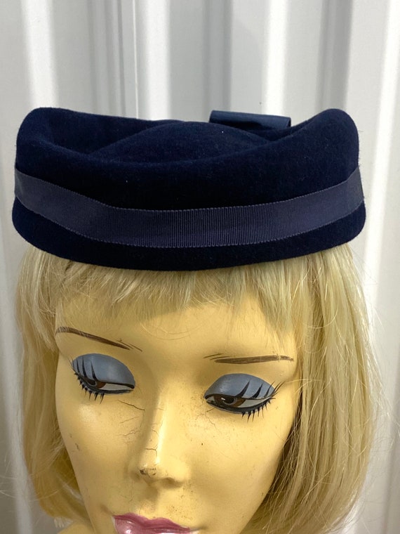 Vintage Blue Velvet Pillbox Style Hat Made In Ital