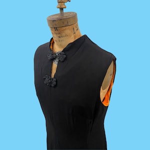 Vintage 1970s Chinese Cheongsam Style Maxi Dress - Black W Orange Lining Large
