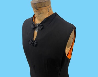 Vintage 1970s Chinesischer Cheongsam Stil Maxi Kleid - Schwarz W Orange Futter Groß