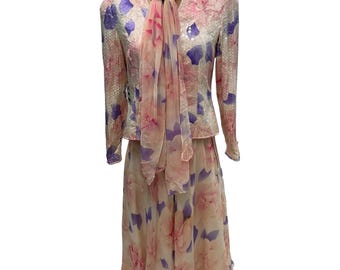 Vintage Anne Crimmins For Umi Multicolored Silk Skirt Suit Sequined Jacket Sz 10