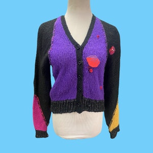 Vintage 80&#39;s Italian Designed Bright Pattern Sweater/ Cardigan  M.B. Bulpinari Med.
