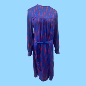 Vintage 1970&#39;s Arlene Andrews Blue Red Horsebit Pattern Midi Dress Med- L