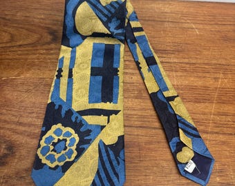 Vintage 70s Blue Gold Abstract Pattern Wide Silk Tie