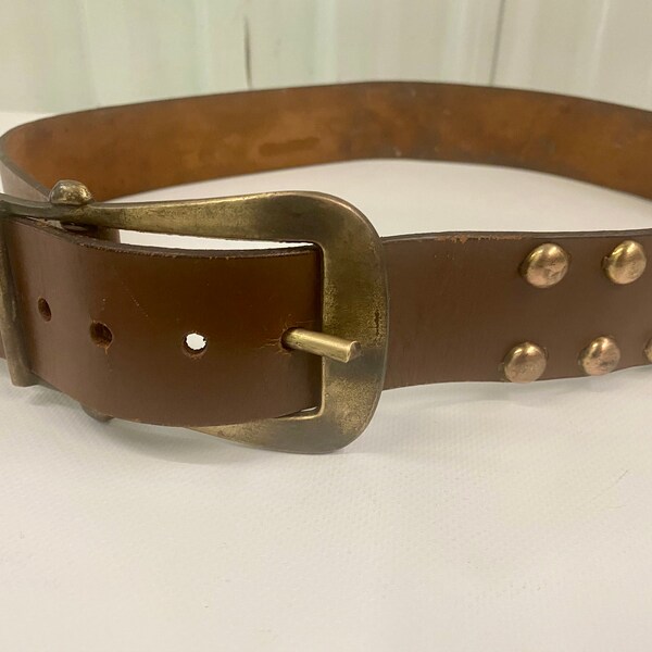 Vintage Studded Brass Leather Belt With Large Brass Buckle