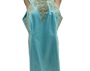 Abito Ibiza elasticizzato blu Tina con ricami dorati di Lilly Pulitzer, taglia 16