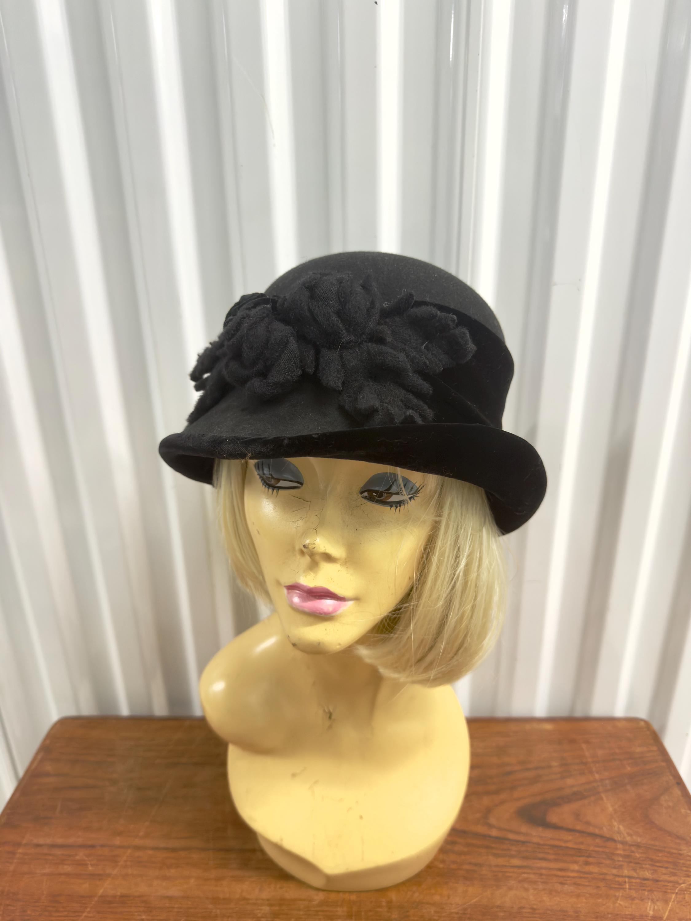 Vintage Sherel’s Black Hat with Green Ribbon and Pink Floral Accent Small Vintage Floral Half Hat, Easter Bonnet, 1940s-50s Hat  main image 3