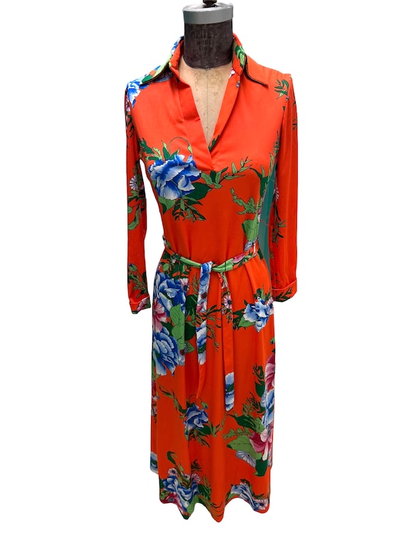 1970s Bright Orange Floral Belted Maxi Dress Med.