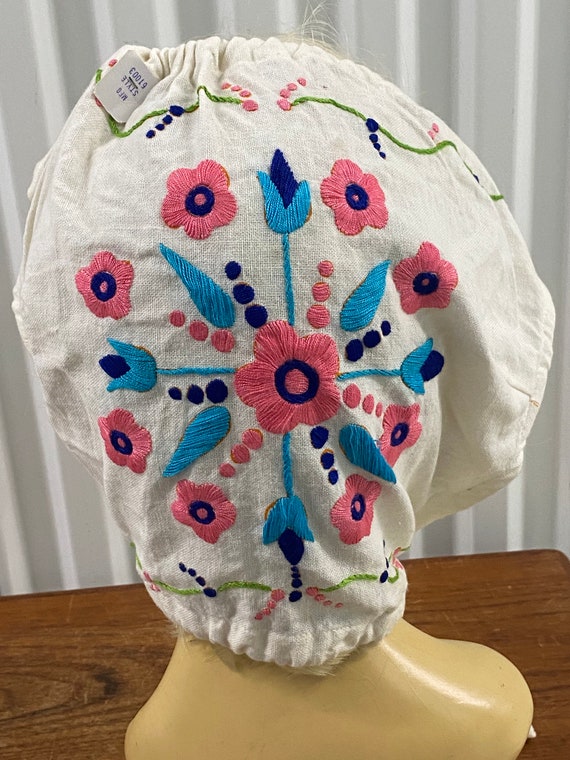 70s Vintage Bright Embroidered Floral Cotton Head… - image 1