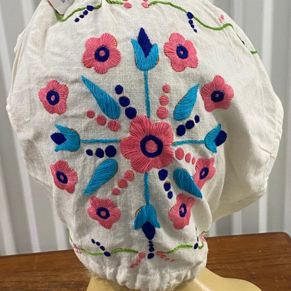 70s Vintage Bright Embroidered Floral Cotton Headscarf Bandana