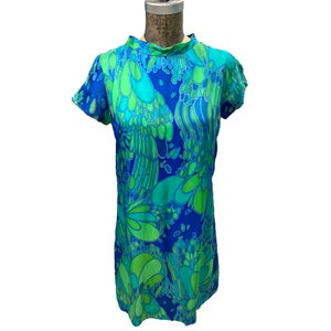 Vintage 1960s Blue Green Mod Pattern Silk Sheath Dress Small